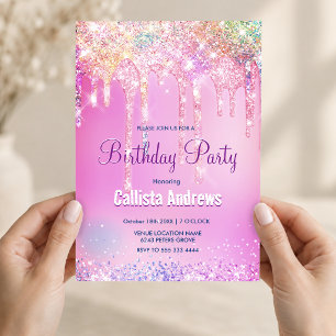 Cute Rainbow unicorn pink Glitter Drips monogram Invitation