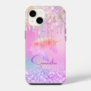 Cute Rainbow unicorn pink Glitter Drips monogram iPhone 14 Case
