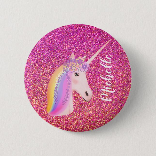 Cute Rainbow Unicorn Pink Glitter Fantasy Girl 6 Cm Round Badge (Front)