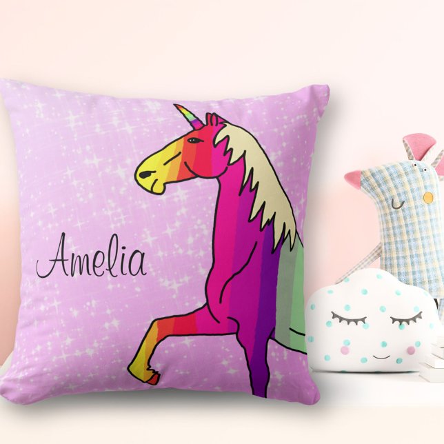 Cute Rainbow Unicorn Pink Glitter Girl Name Cushion (Creator Uploaded)
