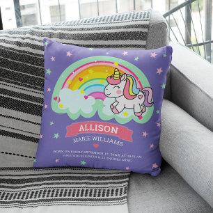 Cute Rainbow Unicorn Purple Birth Stats Cushion