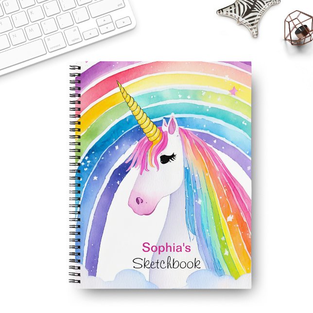 Cute Rainbow Unicorn Sketchbook Monogram Your Name Notebook (Creator Uploaded)