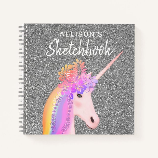 Cute Rainbow Unicorn Sketchbook Script Name Notebook (Front)