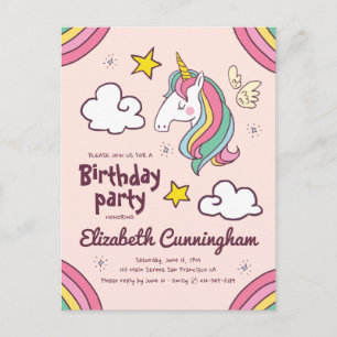 Cute Rainbow Unicorn Stars Birthday Invitation Postcard