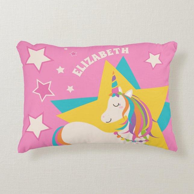 Cute Rainbow Unicorn Stars Girly Pink Custom Name Decorative Cushion (Front)