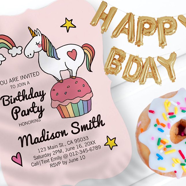 Cute Rainbow Unicorn Stars Hearts Birthday Party Invitation (Creator Uploaded)