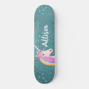 Cute Rainbow Unicorn Teal Stars Girls Personalised Skateboard