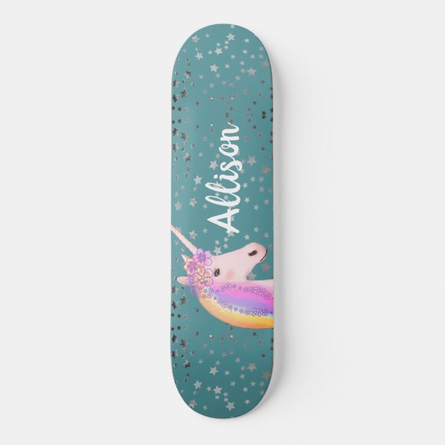 Cute Rainbow Unicorn Teal Stars Girls Personalised Skateboard (Front)