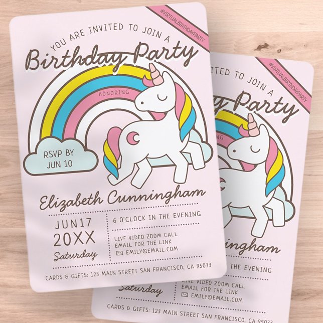 Cute Rainbow Unicorn Virtual Birthday Party Invitation (Creator Uploaded)
