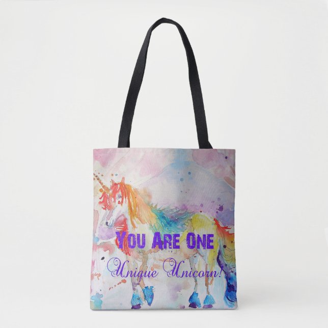 Cute Rainbow Unicorn Watercolour Grocery Tote Bag (Front)