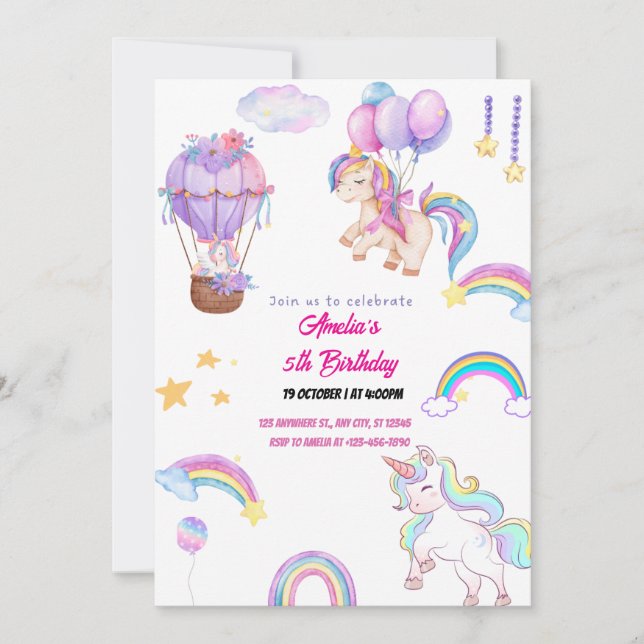 Cute Rainbow Unicorn  Whimsical Girl Party Pink Invitation (Front)