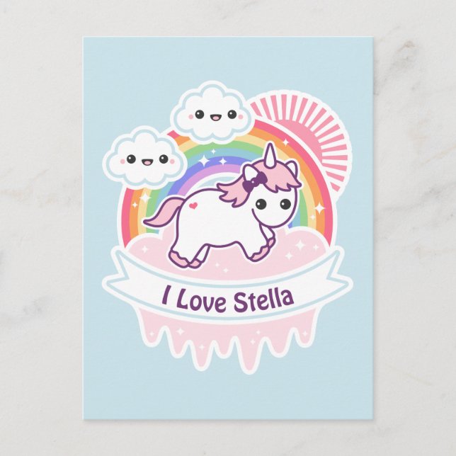 Cute Rainbow Unicorn with Clouds Postcard (Front)