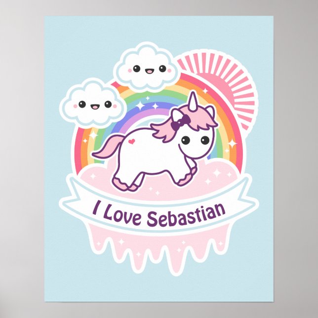 Cute Rainbow Unicorn with Clouds Poster (Front)
