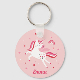 Cute rainbow unicorn with hearts and stars pink key ring