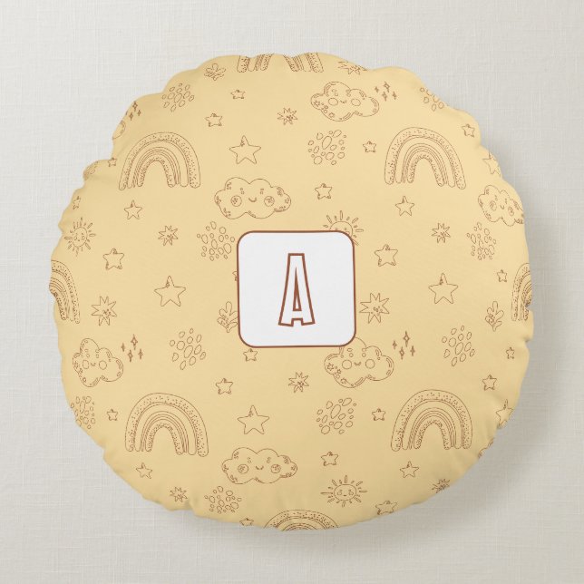 Cute Rainbow Weather Monogram Round Cushion (Front)