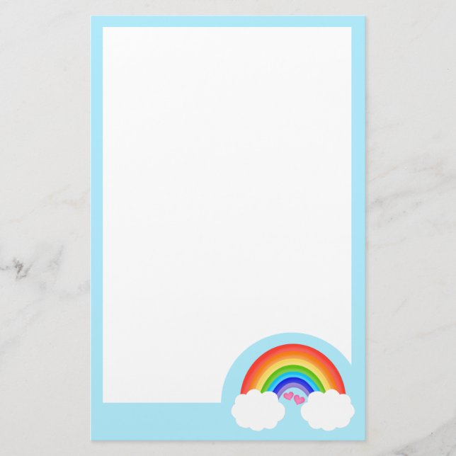 Cute Rainbow With White Clouds and Pink Hearts Stationery (Front)