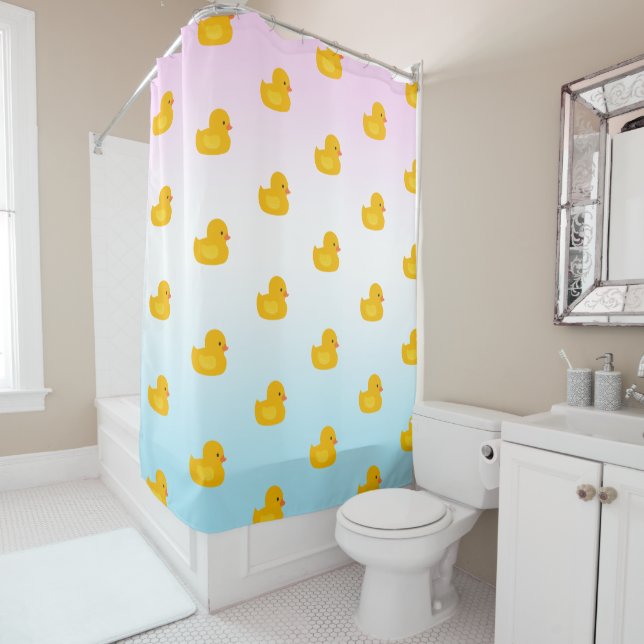Cute Rainbow yellow duck pattern blue gradient Shower Curtain (In Situ)