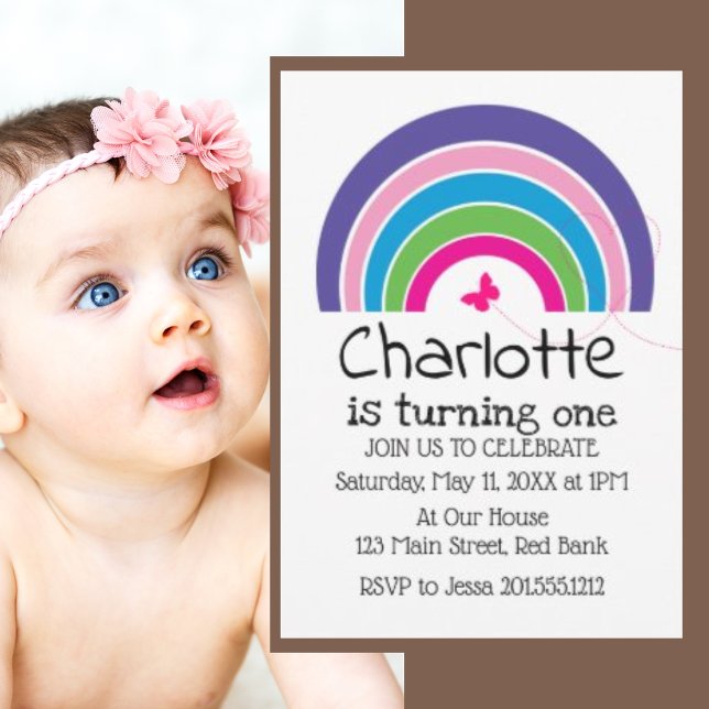 Cute Rainbows Butterfly Heart Girl's 1st Birthday Invitation (Creator Uploaded)