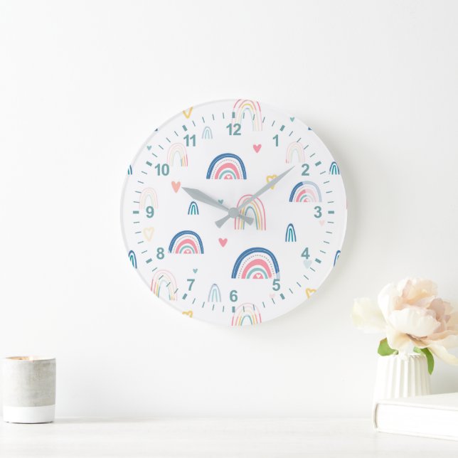 Cute Rainbows & Hearts Pattern Large Clock (Home)
