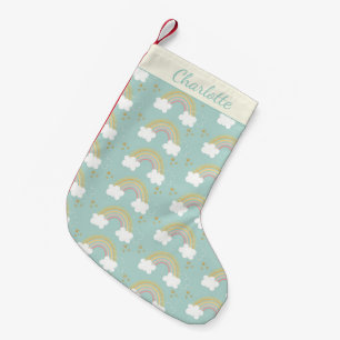 Cute Rainbows in Blue Gold Glitter Personalised Small Christmas Stocking