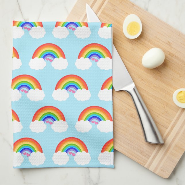 Cute Rainbows With Hearts Pattern Tea Towel (Quarter Fold)