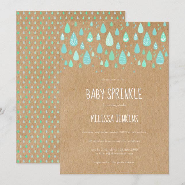Cute Raindrops Baby Sprinkle Rustic Kraft Boho Invitation (Front/Back)