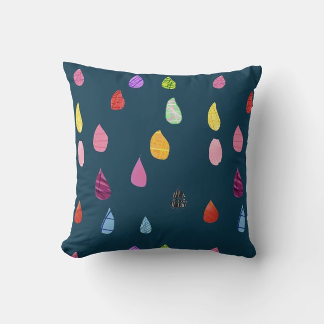 Cute raindrops colourful rain art cushion (Front)