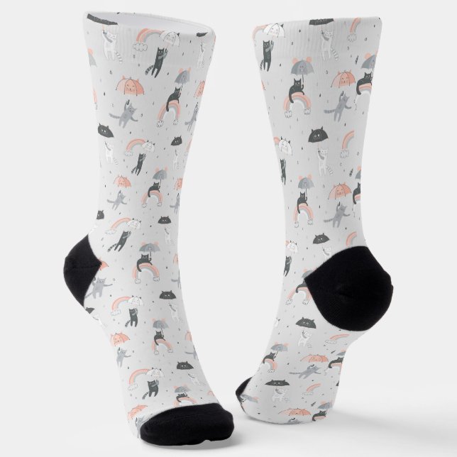 Cute Raining Cats Pattern Socks (Angled)