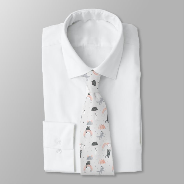Cute Raining Cats Pattern Tie (Tied)