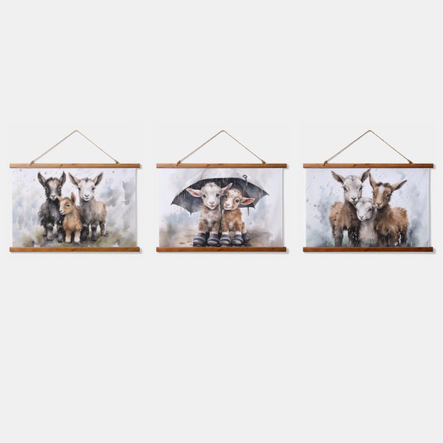 Cute Rainy Day Goats  Hanging Tapestry (Triple)