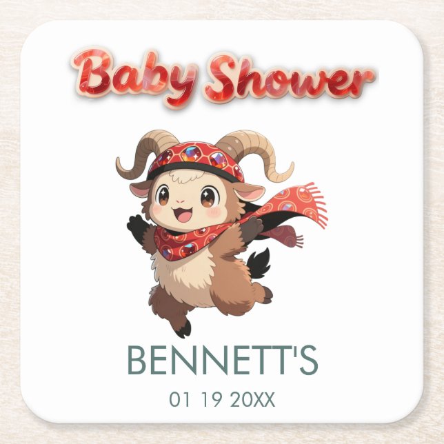 Cute Ram Winter Baby Shower Coaster (Front)