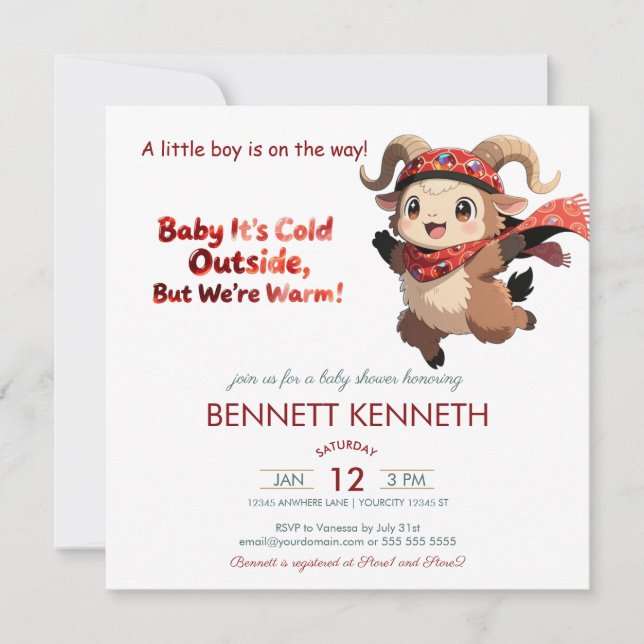 Cute Ram Winter Boy Baby Shower Invitation (Front)
