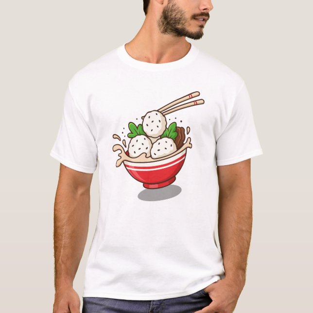 Cute Ramen Bowl Illustration with Rice Balls T-Shirt (Front)