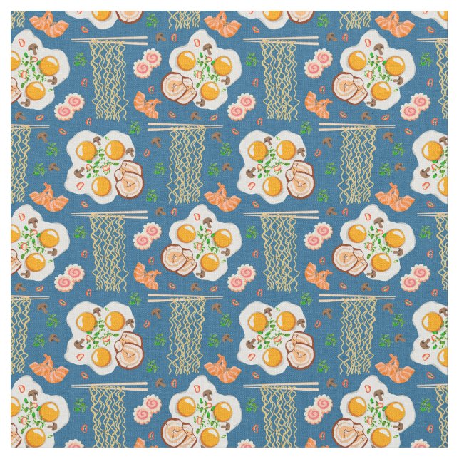 Cute Ramen & Breakfast Food Pattern Fabric (Close Up)