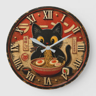 Cute Ramen Cat Japanese Noodle Kawaii Anime Style Large Clock