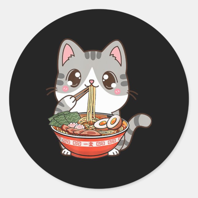 Cute Ramen Cat Kawaii Anime Japanese Food Boy Girl Classic Round Sticker (Front)