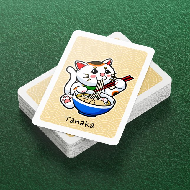 Cute Ramen-Eating Japanese Lucky Cat- Personalised Playing Cards (Lucky Cat Eating Ramen Playing Cards- Deck View)