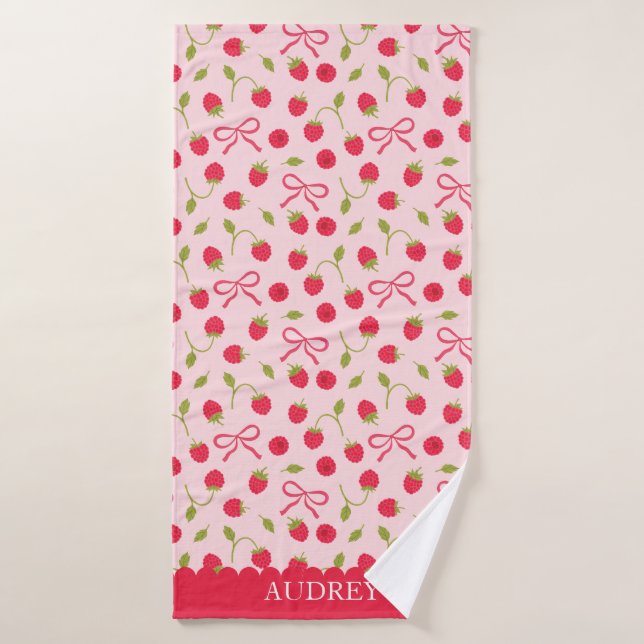 Cute Raspberry & Bows Personalised kids Bath Towel (Bath Towel)