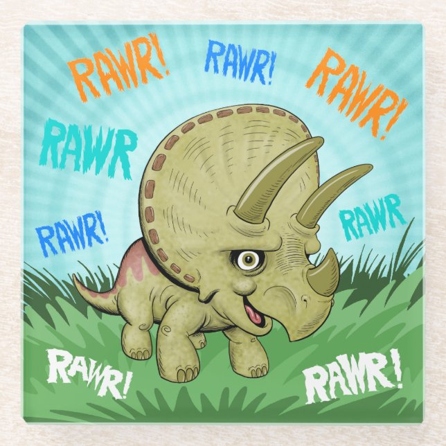 Cute RAWR Triceratops Glass Coaster (Front)