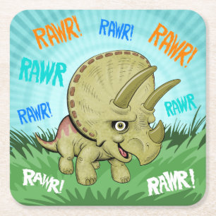 Cute RAWR Triceratops Square Paper Coaster