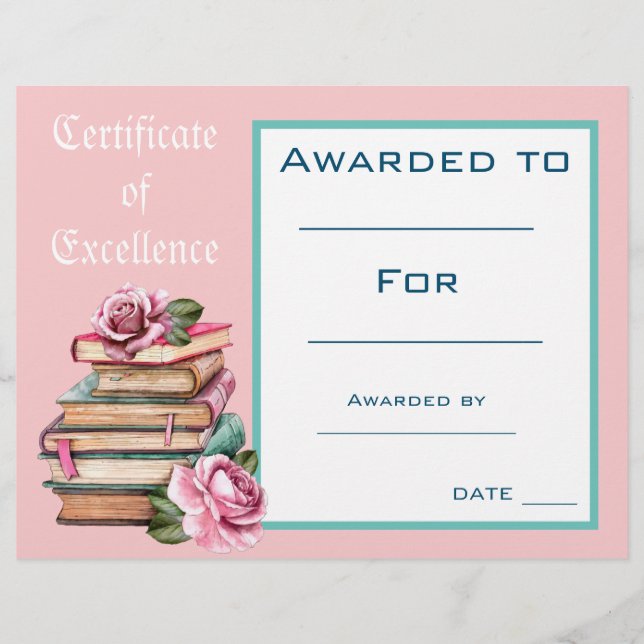 Cute Reading Award certificate Teacher supplies (Front)