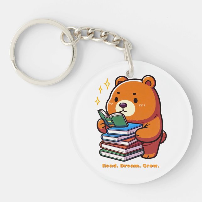 Cute Reading Bear with Books Kawaii Key Ring (Front)