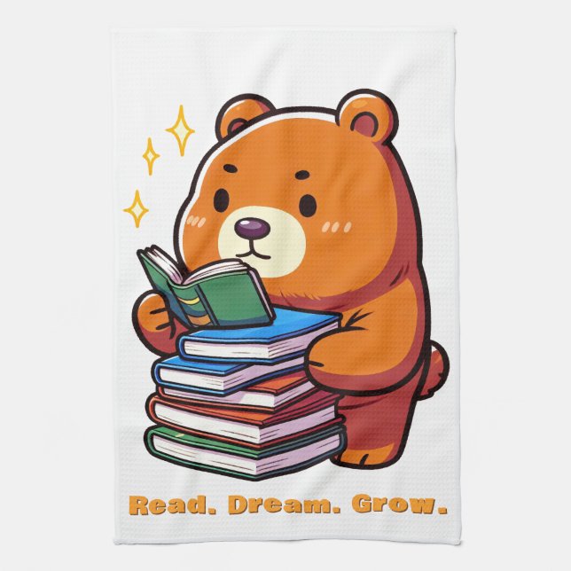 Cute Reading Bear with Books Kawaii Tea Towel (Vertical)