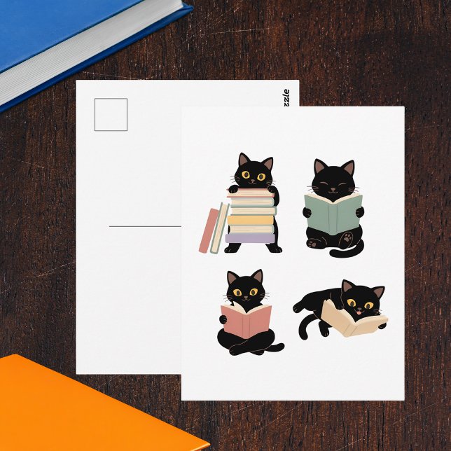 Cute Reading Bookworm Black Cats Postcard (Creator Uploaded)