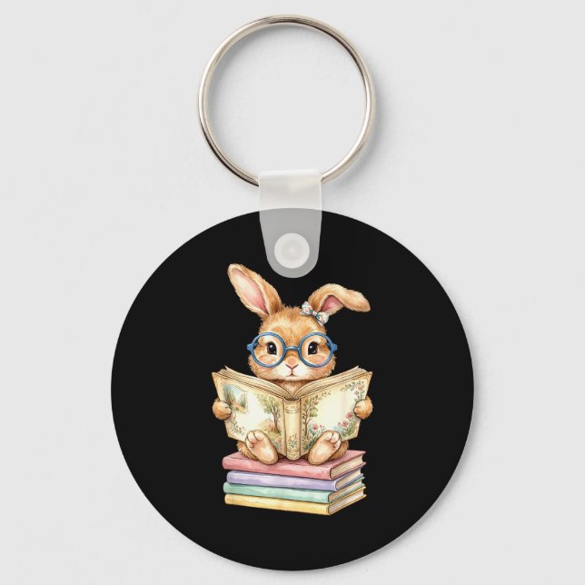 Cute reading bunny easter books reader teacher key ring (Front)