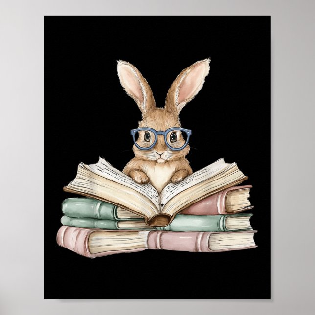 Cute Reading Bunny Gles Books Bookworm Reader Teac Poster (Front)