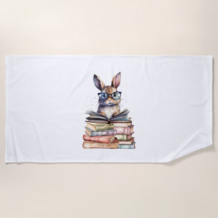Cute Reading Bunny With Glasses Books Bookworm Rea Beach Towel
