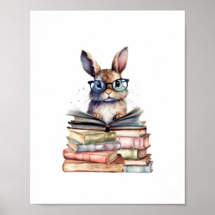 Cute Reading Bunny With Glasses Books Bookworm Rea Poster