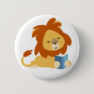Cute Reading Cartoon Lion Button Badge