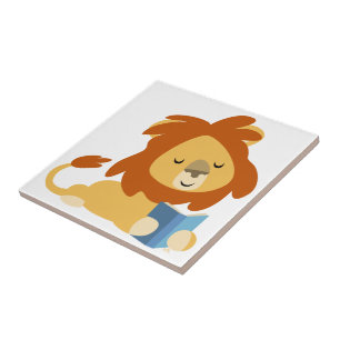 Cute Reading Cartoon Lion Tile